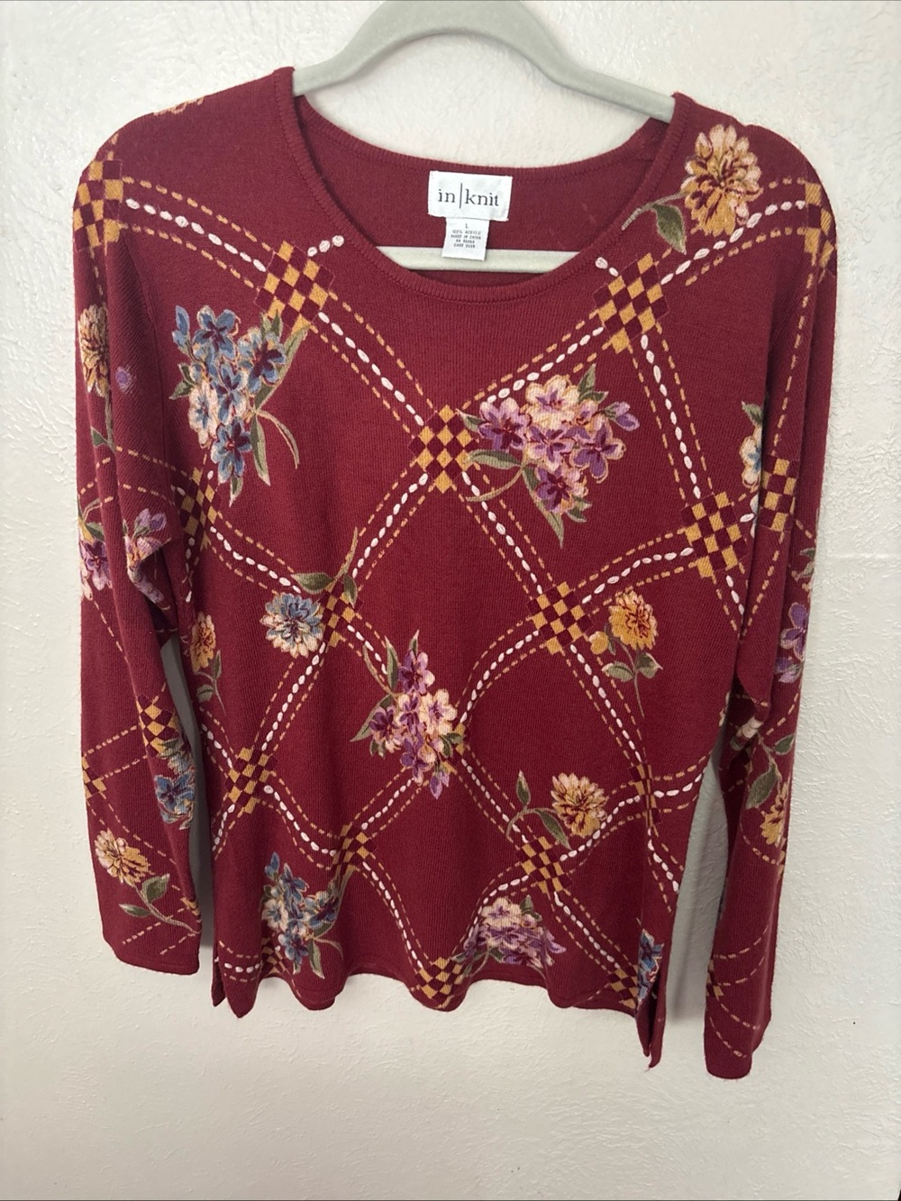 Women's Burnt Orange Floral Knit Pullover Sweater Size L